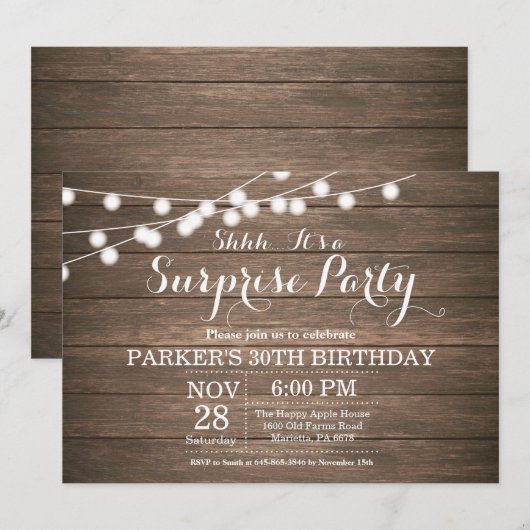 Rustic Surprise 30th Birthday Invitation Wood Kaart (Voorkant / Achterkant)