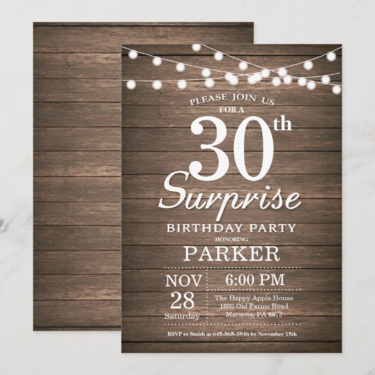 Rustic Surprise 30th Birthday Invitation Wood Kaart (Voorkant / Achterkant)