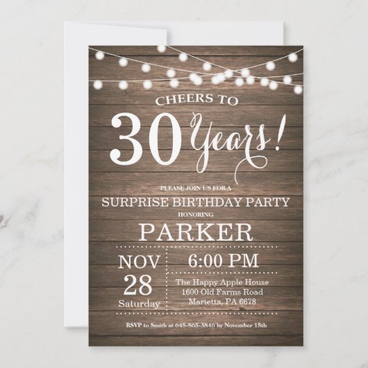 Rustic Surprise 30th Birthday Invitation Wood Kaart (Voorkant)