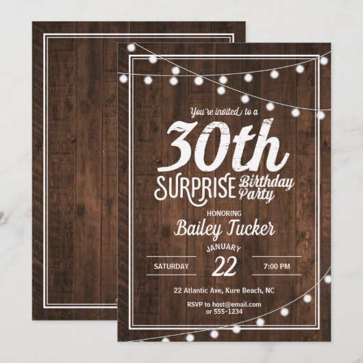Rustic Surprise 30th Birthday Party Kaart (Voorkant / Achterkant)