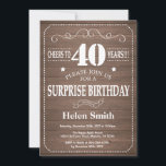 Rustic Surprise 40ste verjaardag Kaart<br><div class="desc">Rustic Surprise 40e verjaardag. Witte typografie. Rustieke houten achtergrond. Verjaardag voor volwassenen. Verjaardag van Mannen of vrouwen. Kinder jongen of meisje dame tiener Bday Nodig uit. 13e 15e 16e 18e 20e 21e 30e 40e 50e 60e 70e 80e 90e 100e. Elke leeftijd. Voor verdere aanpassing klikt u op de knop "Aanpassen"...</div>