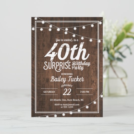 Rustic Surprise 40ste verjaardagsfeestje Kaart (Staand voorkant)