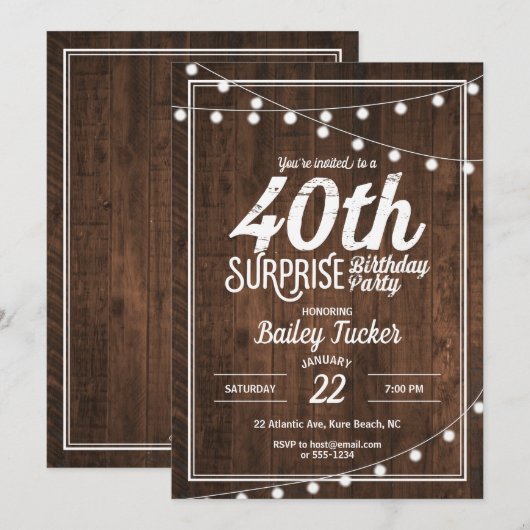 Rustic Surprise 40ste verjaardagsfeestje Kaart (Voorkant / Achterkant)