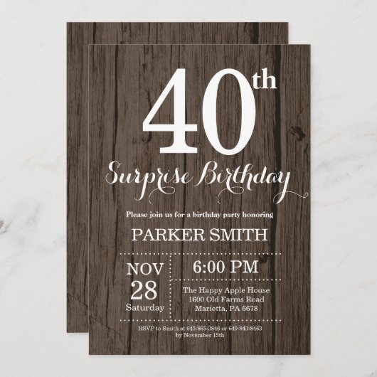 Rustic Surprise 40th Birthday Invitation Kaart (Voorkant / Achterkant)