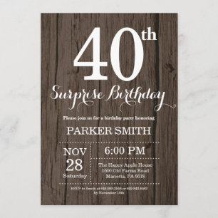 Rustic Surprise 40th Birthday Invitation Kaart