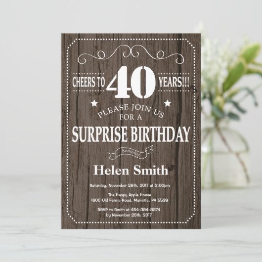 Rustic Surprise 40th Birthday Invitation Kaart (Staand voorkant)