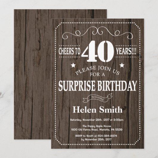 Rustic Surprise 40th Birthday Invitation Kaart (Voorkant / Achterkant)