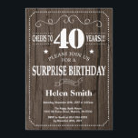 Rustic Surprise 40th Birthday Invitation Kaart<br><div class="desc">Rustic Surprise 40th Birthday Invitation. Witte Typografie. Rustic Wood Background Volwassen verjaardag. Mannelijke Mannen of vrouwen: Birthday. Kinder jongen of meisje Lady Teen Teenage Bday Invite. 13e 15e 16e 18e 21e 30e 40e 50e 60e 70e 80e 90e 100e. Elke leeftijd. Voor verdere aanpassing, te klikken gelieve de knoop "van de...</div>