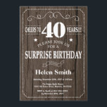 Rustic Surprise 40th Birthday Invitation Kaart<br><div class="desc">Rustic Surprise 40th Birthday Invitation. Witte Typografie. Rustic Wood Background Volwassen verjaardag. Mannelijke Mannen of vrouwen: Birthday. Kinder jongen of meisje Lady Teen Teenage Bday Invite. 13e 15e 16e 18e 21e 30e 40e 50e 60e 70e 80e 90e 100e. Elke leeftijd. Voor verdere aanpassing, te klikken gelieve de knoop "van de...</div>