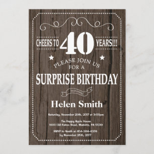 Rustic Surprise 40th Birthday Invitation Kaart