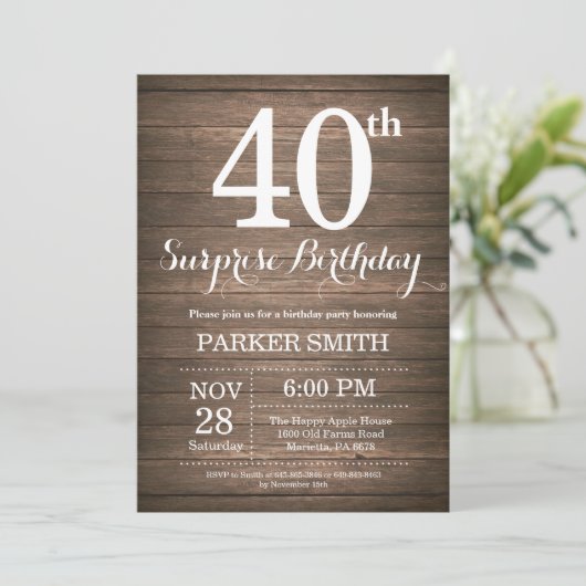 Rustic Surprise 40th Birthday Invitation Kaart (Staand voorkant)