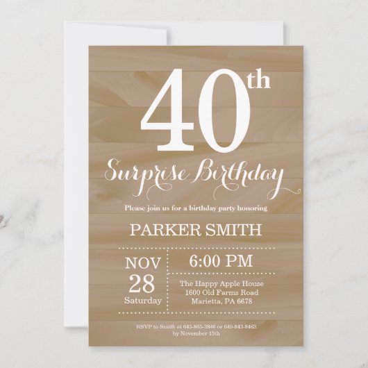 Rustic Surprise 40th Birthday Invitation Kaart (Voorkant)