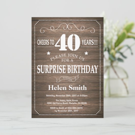 Rustic Surprise 40th Birthday Invitation Kaart (Staand voorkant)