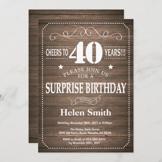 Rustic Surprise 40th Birthday Invitation Kaart (Voorkant / Achterkant)