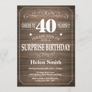 Rustic Surprise 40th Birthday Invitation Kaart