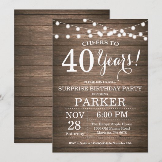 Rustic Surprise 40th Birthday Invitation Wood Kaart (Voorkant / Achterkant)