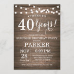 Rustic Surprise 40th Birthday Invitation Wood Kaart<br><div class="desc">Rustic Surprise 40th Birthday Invitation Wood Background with String Lights. 13e 15e 16e 18e 21e 30e 40e 50e 60e 70e 90e 100e, elke leeftijd. Volwassen verjaardag. Vrouw of Man Man Birthday Party. Voor verdere aanpassing, te klikken gelieve de knoop "van de Aanpassing het"en ons ontwerphulpmiddel te gebruiken om deze sjabloon...</div>