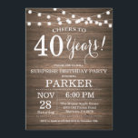 Rustic Surprise 40th Birthday Invitation Wood Kaart<br><div class="desc">Rustic Surprise 40th Birthday Invitation Wood Background with String Lights. 13e 15e 16e 18e 21e 30e 40e 50e 60e 70e 90e 100e, elke leeftijd. Volwassen verjaardag. Vrouw of Man Man Birthday Party. Voor verdere aanpassing, te klikken gelieve de knoop "van de Aanpassing het"en ons ontwerphulpmiddel te gebruiken om deze sjabloon...</div>