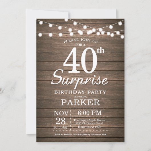 Rustic Surprise 40th Birthday Invitation Wood Kaart