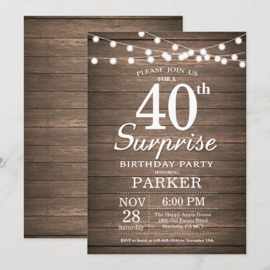 Rustic Surprise 40th Birthday Invitation Wood Kaart (Voorkant / Achterkant)