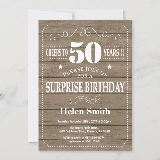 Rustic Surprise 50th Birthday Invitation Kaart (Voorkant)