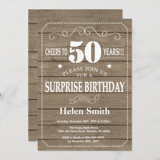 Rustic Surprise 50th Birthday Invitation Kaart (Voorkant / Achterkant)