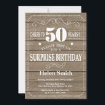Rustic Surprise 50th Birthday Invitation Kaart<br><div class="desc">Rustic Surprise 50th Birthday Invitation. Witte Typografie. Rustic Wood Achtergrond. Volwassen verjaardag. Mannelijke Mannen of vrouwen: Birthday. Kinder jongen of meisje Lady Teenage Bday Invite. 13e 15e 16e 18e 21e 30e 40e 50e 60e 70e 90e 100e. Elke leeftijd. Voor verdere aanpassing, te klikken gelieve de knoop "van de Aanpassing het"en...</div>