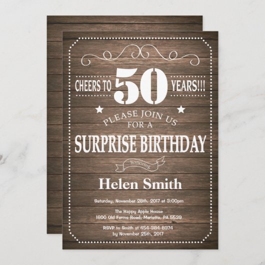 Rustic Surprise 50th Birthday Invitation Kaart (Voorkant / Achterkant)