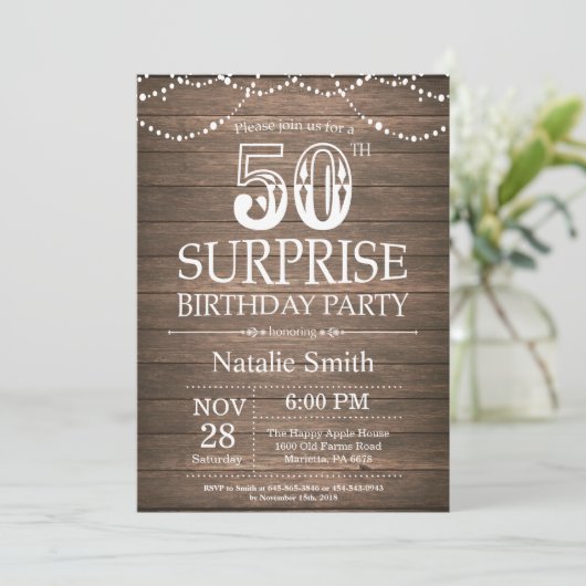 Rustic Surprise 50th Birthday Invitation Kaart (Staand voorkant)