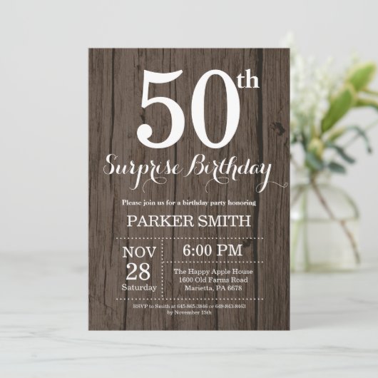 Rustic Surprise 50th Birthday Invitation Kaart (Staand voorkant)
