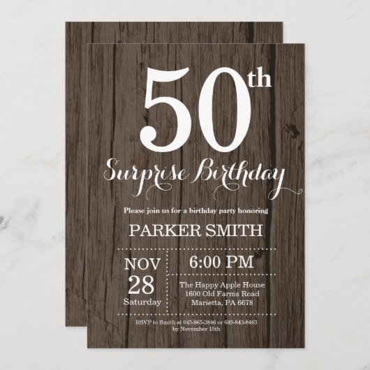 Rustic Surprise 50th Birthday Invitation Kaart (Voorkant / Achterkant)