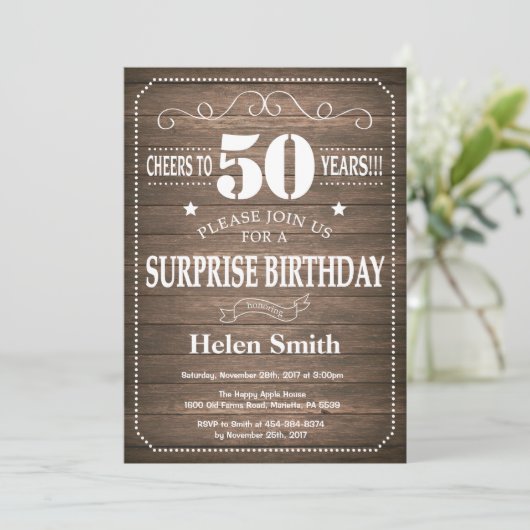 Rustic Surprise 50th Birthday Invitation Kaart (Staand voorkant)