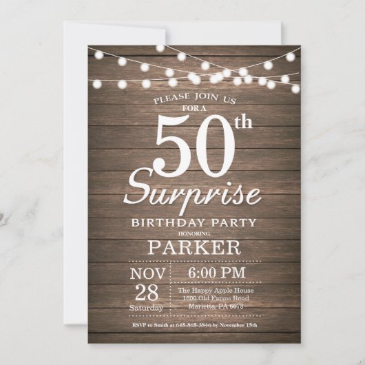 Rustic Surprise 50th Birthday Invitation Wood Kaart (Voorkant)
