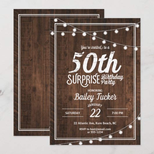 Rustic Surprise 50th Birthday Party Kaart (Voorkant / Achterkant)