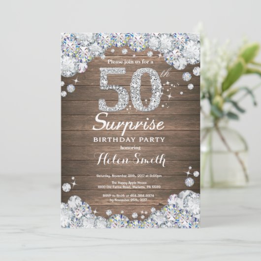 Rustic Surprise 50th Birthday Silver Diamond Kaart (Staand voorkant)
