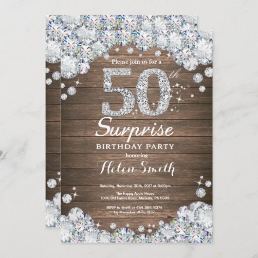 Rustic Surprise 50th Birthday Silver Diamond Kaart (Voorkant / Achterkant)