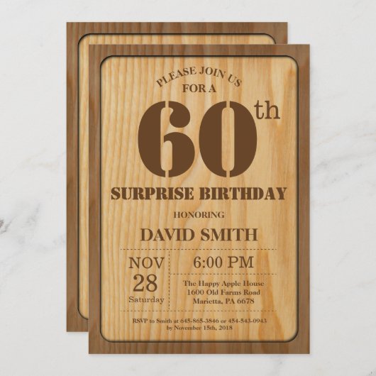 Rustic Surprise 60e verjaardag Uitnodiging Hout (Voorkant / Achterkant)