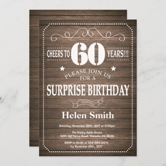 Rustic Surprise 60th Birthday Invitation Kaart (Voorkant / Achterkant)
