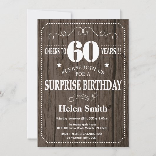 Rustic Surprise 60th Birthday Invitation Kaart (Voorkant)