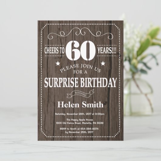 Rustic Surprise 60th Birthday Invitation Kaart (Staand voorkant)