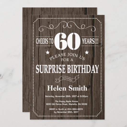 Rustic Surprise 60th Birthday Invitation Kaart (Voorkant / Achterkant)