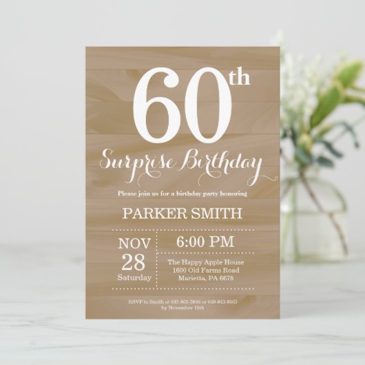 Rustic Surprise 60th Birthday Invitation Kaart (Staand voorkant)