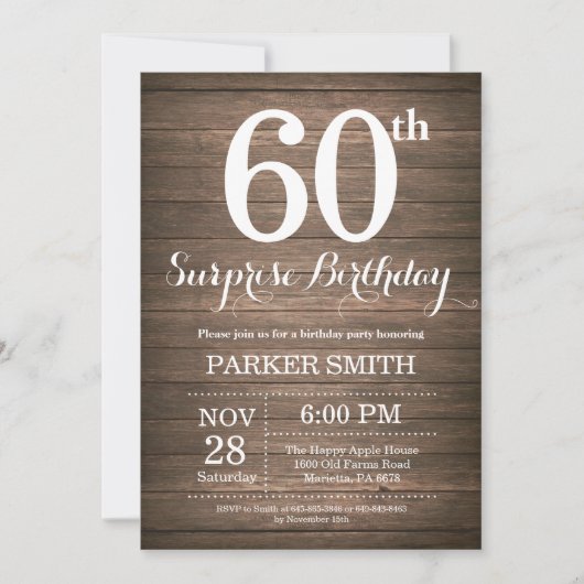 Rustic Surprise 60th Birthday Invitation Kaart (Voorkant)