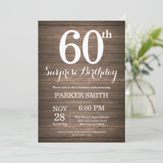 Rustic Surprise 60th Birthday Invitation Kaart (Staand voorkant)