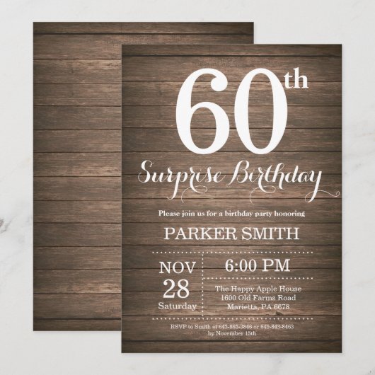 Rustic Surprise 60th Birthday Invitation Kaart (Voorkant / Achterkant)