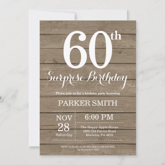 Rustic Surprise 60th Birthday Invitation Kaart (Voorkant)