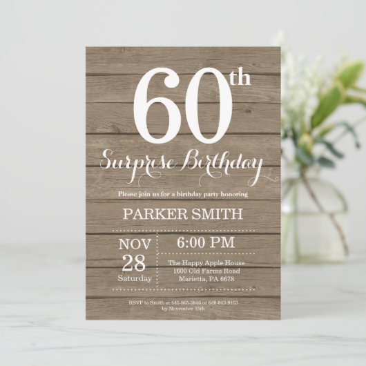 Rustic Surprise 60th Birthday Invitation Kaart (Staand voorkant)