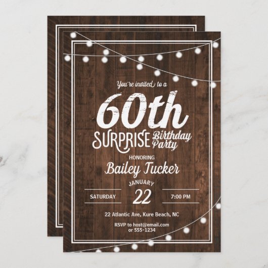 Rustic Surprise 60th Birthday Party Kaart (Voorkant / Achterkant)