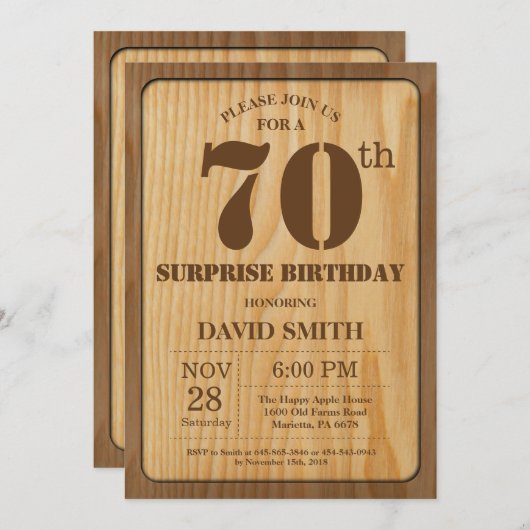 Rustic Surprise 70e verjaardag Uitnodiging Hout (Voorkant / Achterkant)