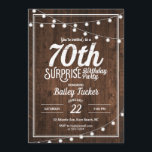 Rustic Surprise 70ste verjaardagsfeestje Kaart<br><div class="desc">Deze rustieke 70e verrassing verjaardagsuitnodiging is voorzien van strijklichten op een donkere houten achtergrond. Klik op de knop Aanpassen voor meer flexibiliteit bij het wijzigen van de tekst! Variaties van dit ontwerp, extra kleuren en coördinerende producten zijn verkrijgbaar in onze winkel, zazzle.com/doodlelulu*. Neem contact met ons op als u wilt...</div>